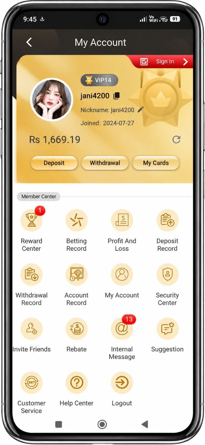 SlotsPK account page with VIP14 badge and deposit buttons — SlotsPK deposit trap evidence