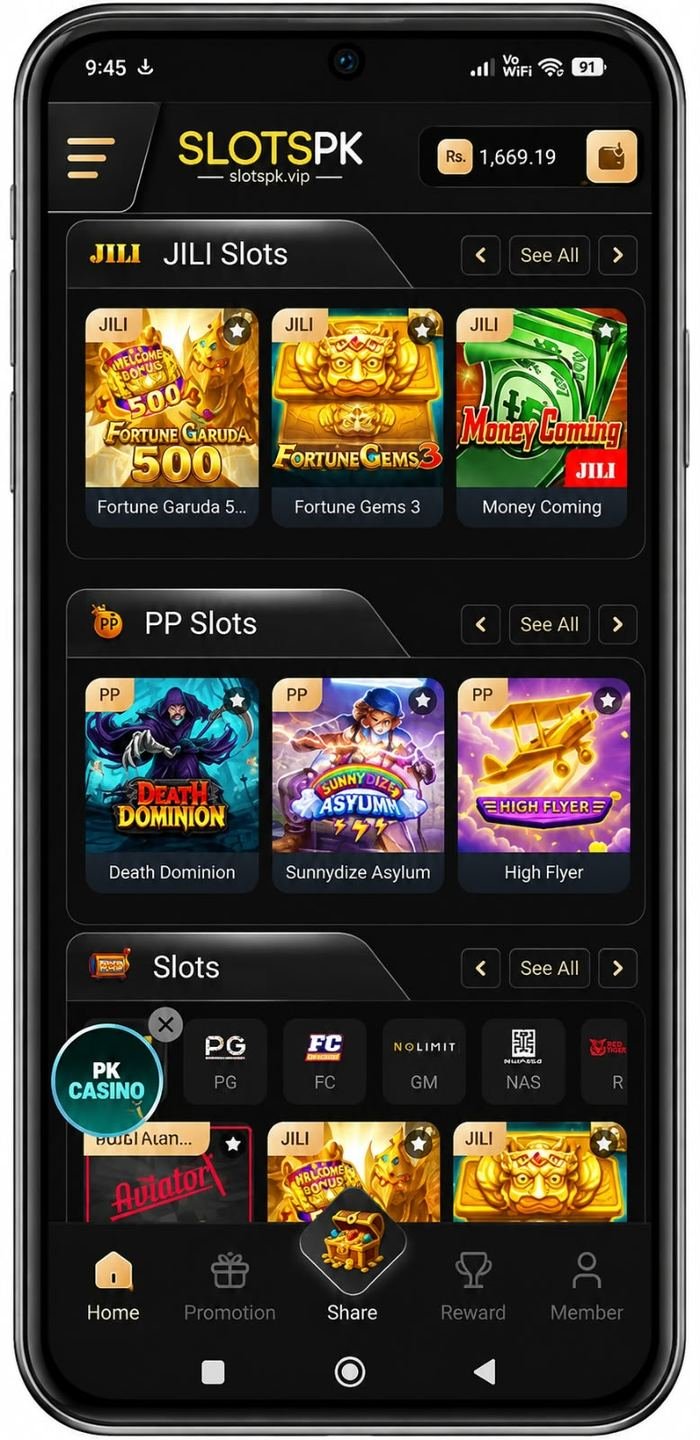 SlotsPK home screen with JILI Slots, PP Slots casino games — SlotsPK review evidence