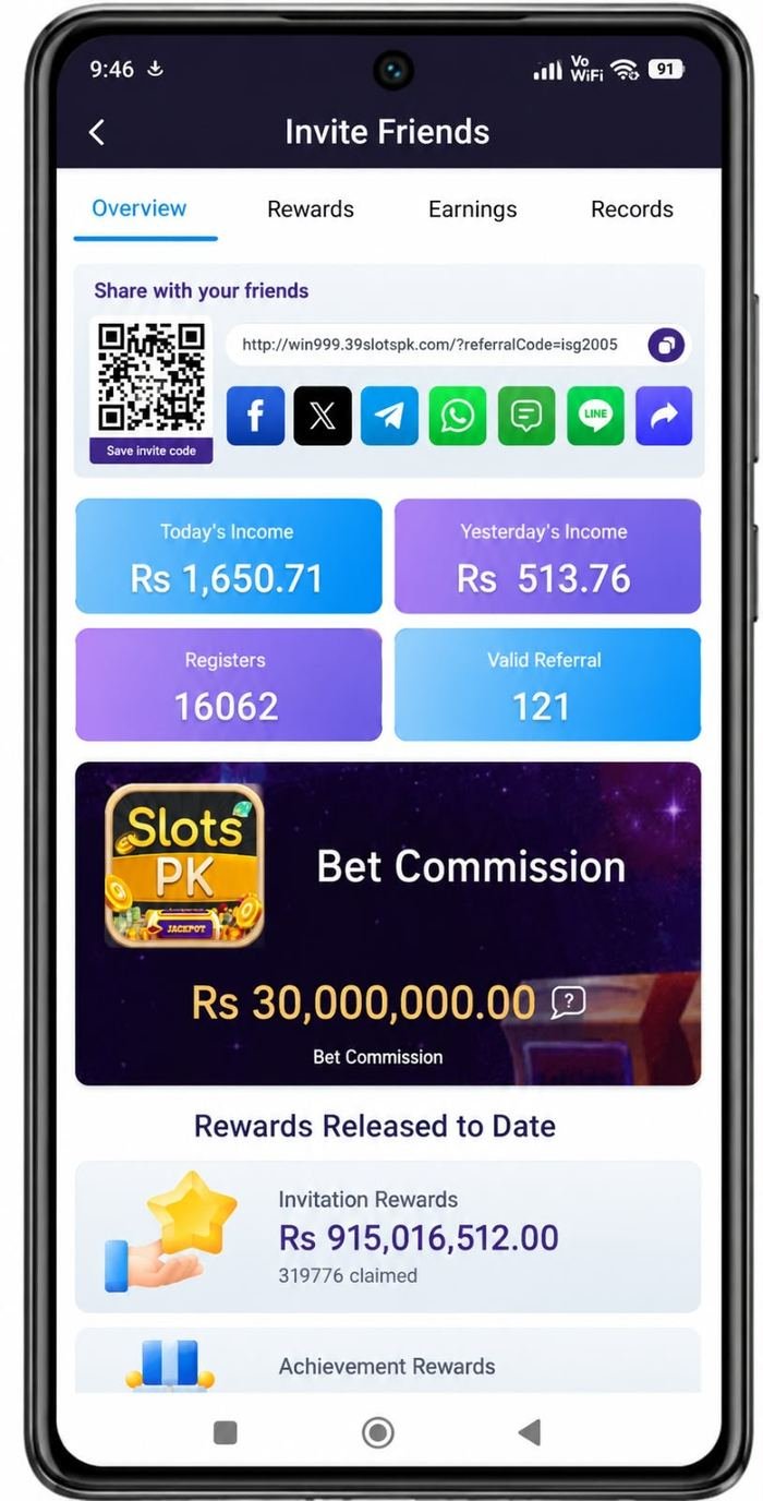 SlotsPK invite friends dashboard claiming Rs 915 million rewards — SlotsPK scam evidence